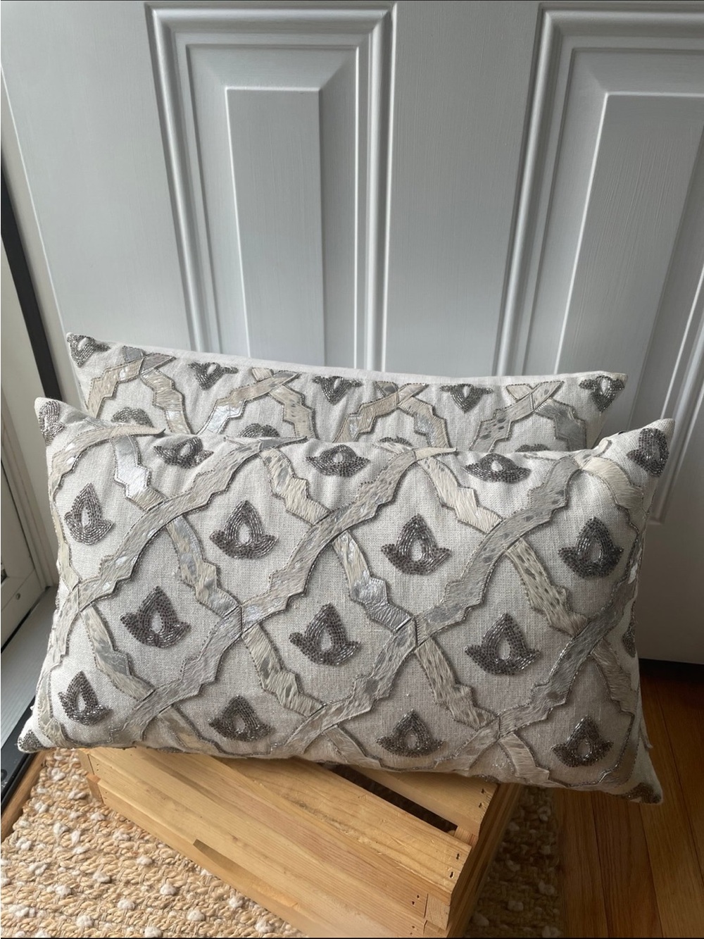 Callisto Cream and Gray Embroidered Lumbar Accent Pillow